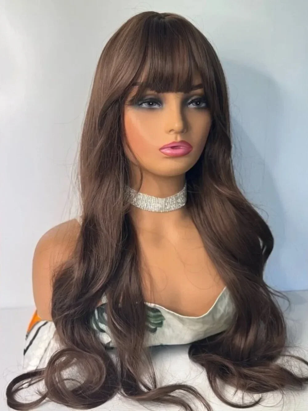 Chestnut Brown Wig with Bangs for Women – Long Wavy Heat Resistant Wig